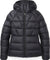 The Marmot Womens Hype Down Hoody is a black, puffy, 800 fill goose down-insulated jacket with horizontal and diagonal stitching, front zipper, and long sleeves, shown on a white background.