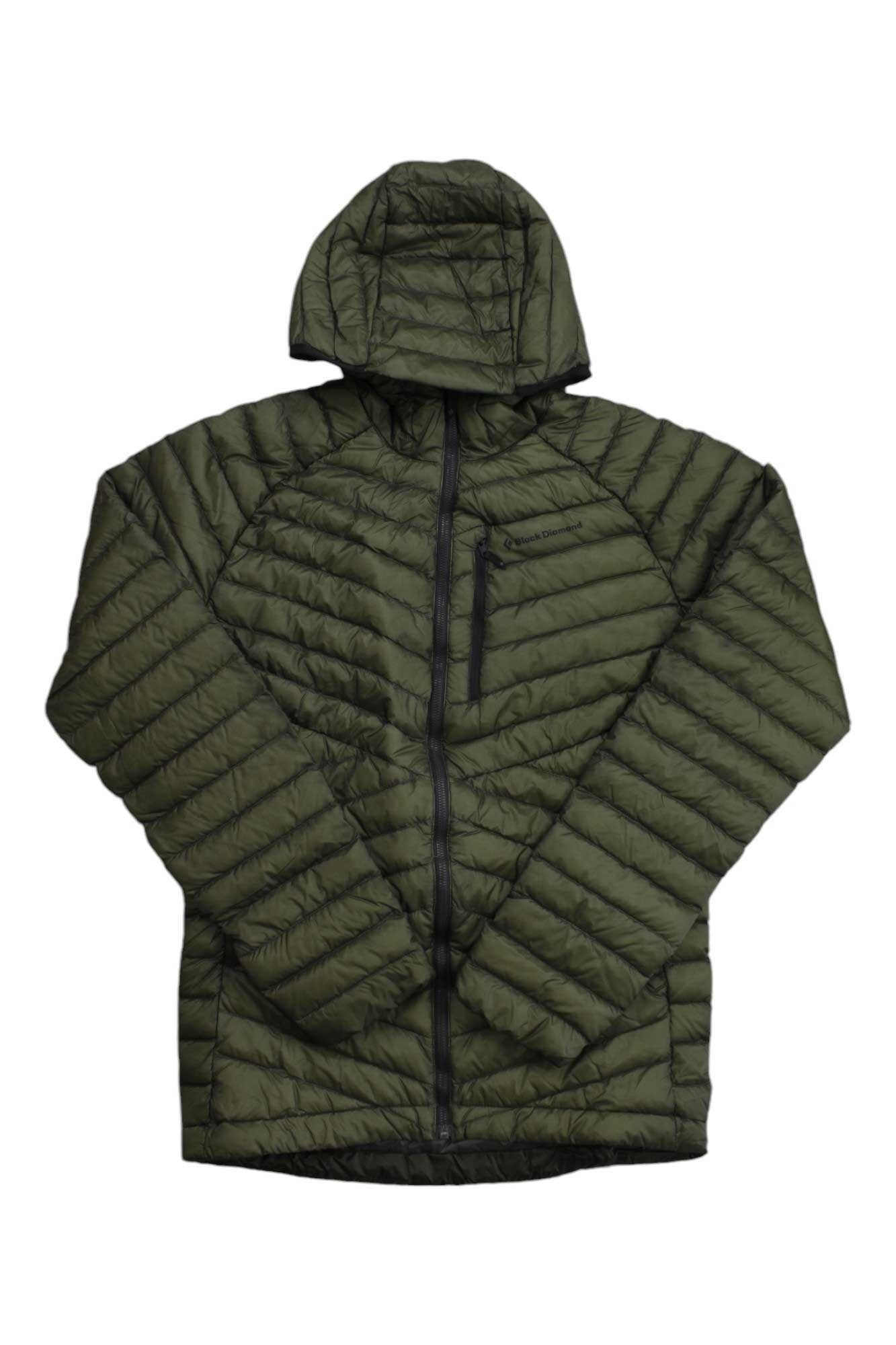 The Black Diamond Men's Approach Down Hoody is a lightweight, olive green quilted jacket with a hood, front zipper, zippered chest pocket, and 800-fill goose down, shown flat on a white background.