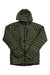 The Black Diamond Men's Approach Down Hoody is a lightweight, olive green quilted jacket with a hood, front zipper, zippered chest pocket, and 800-fill goose down, shown flat on a white background.