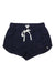 The Roxy Womens New Impossible Love Short features a navy blue design with a white drawstring and a small gold logo on the right pocket, made from lightweight cotton—ideal for water sports.
