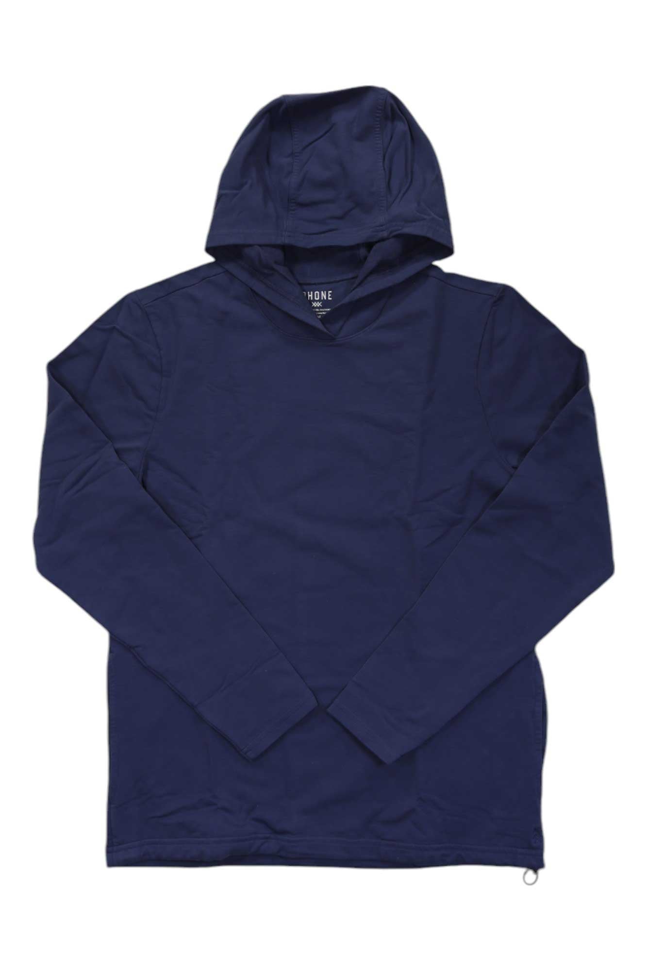 Rhone men's Bolinas hoodie, indigo blue, hood with front pocket and hem drawstring
