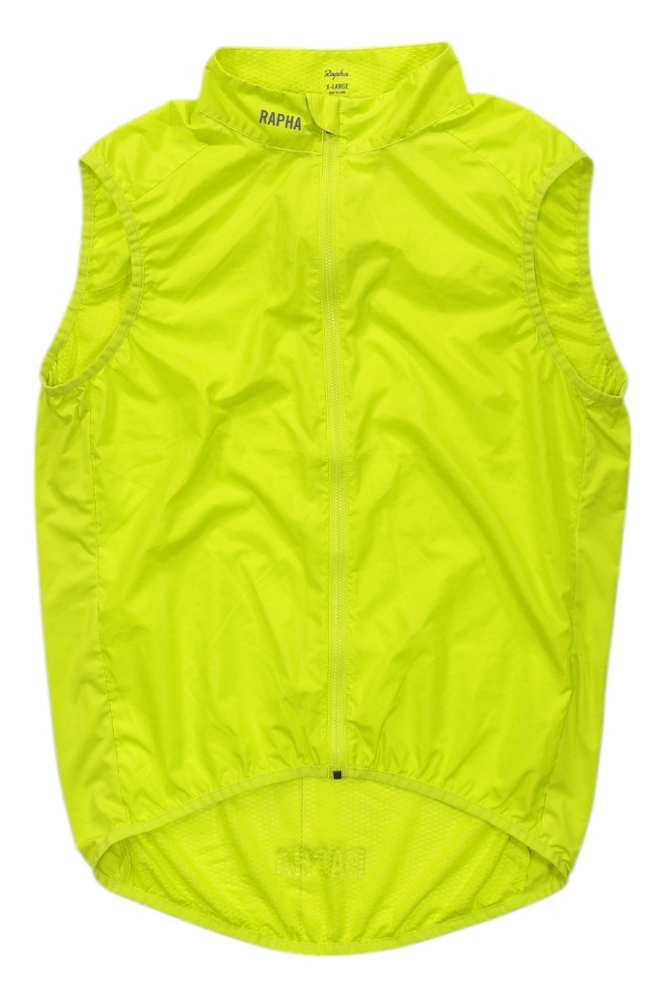 The Rapha Classic Gilet II is a bright yellow, wind- and water-resistant cycling vest with a front zipper, high collar, and RAPHA branding on the left chest. Its packable design has a slightly longer back hem for better visibility.