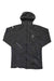 The Haglofs Men's L.I.M Mid Fast Hoodie in black is shown on a white background, featuring a full front zipper, moisture-wicking Polartec Power Grid fabric, zippered chest and side pockets, and a white logo on the chest.