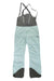 Strafe Womens Scarlett Bib in light blue and gray eVent DV Alpine fabric with adjustable black suspenders, zippered chest and thigh pockets, reinforced ankle cuffs; breathable waterproof ski pants shown laid flat, front side up.