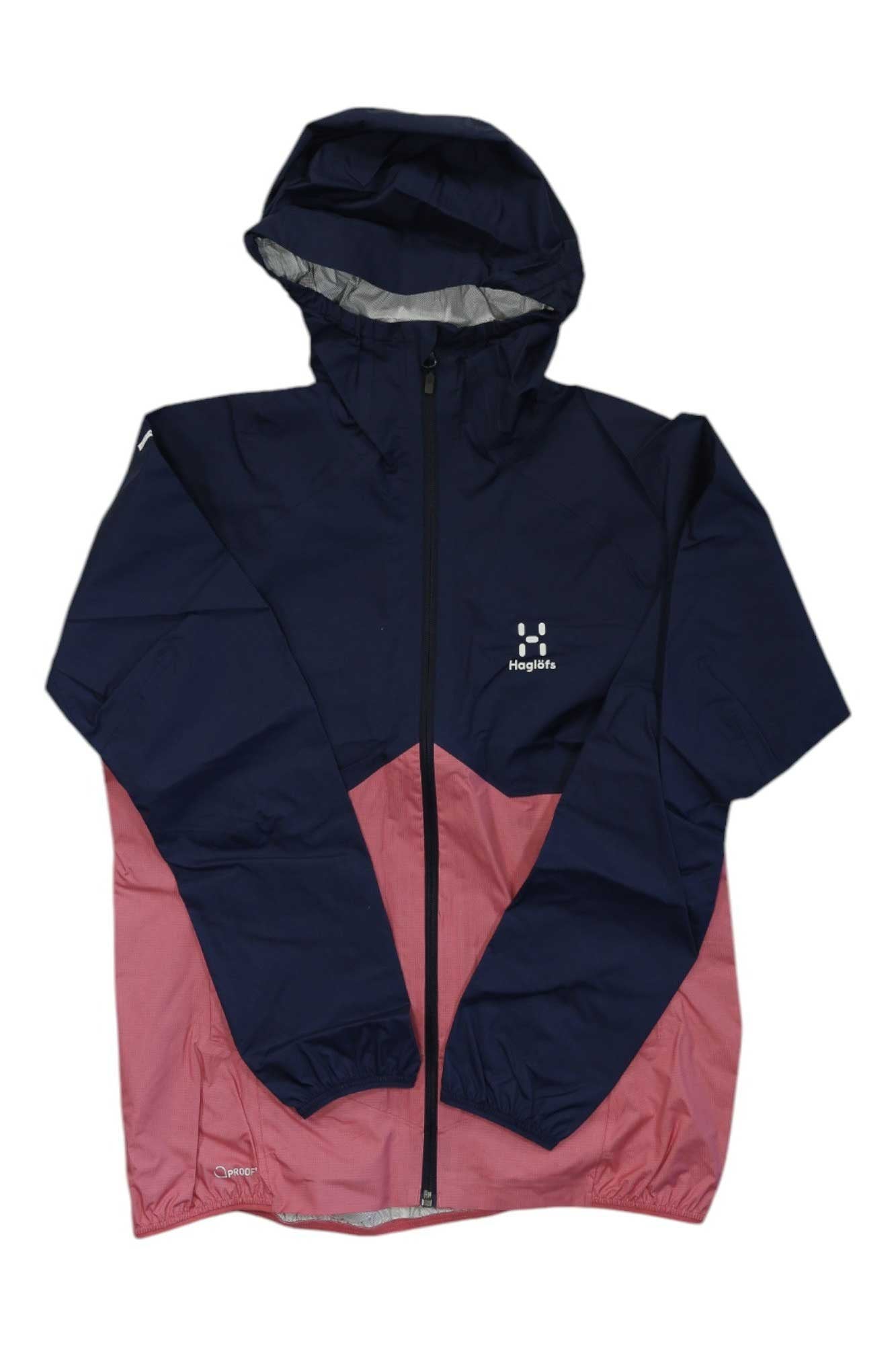 The Haglofs Womens L.I.M Proof Multi Jacket is a lightweight, two-tone navy and pink hiking jacket with a front zipper, chest logo, and water-resistant fabric—ideal for your next adventure.