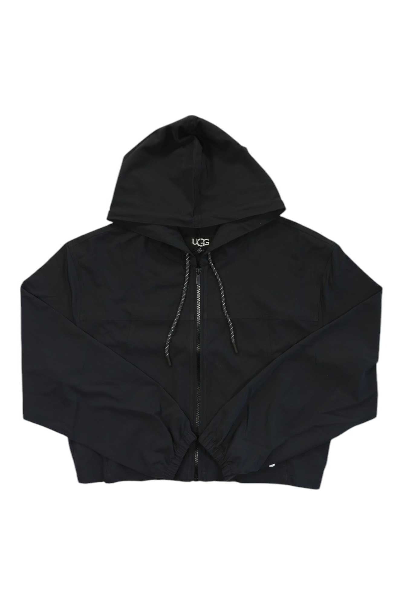 The UGG Womens Koralie Jacket, a black zip-up hoodie with a drawstring hood and long sleeves, is shown laid flat on a white background—perfect for layering or wearing solo.