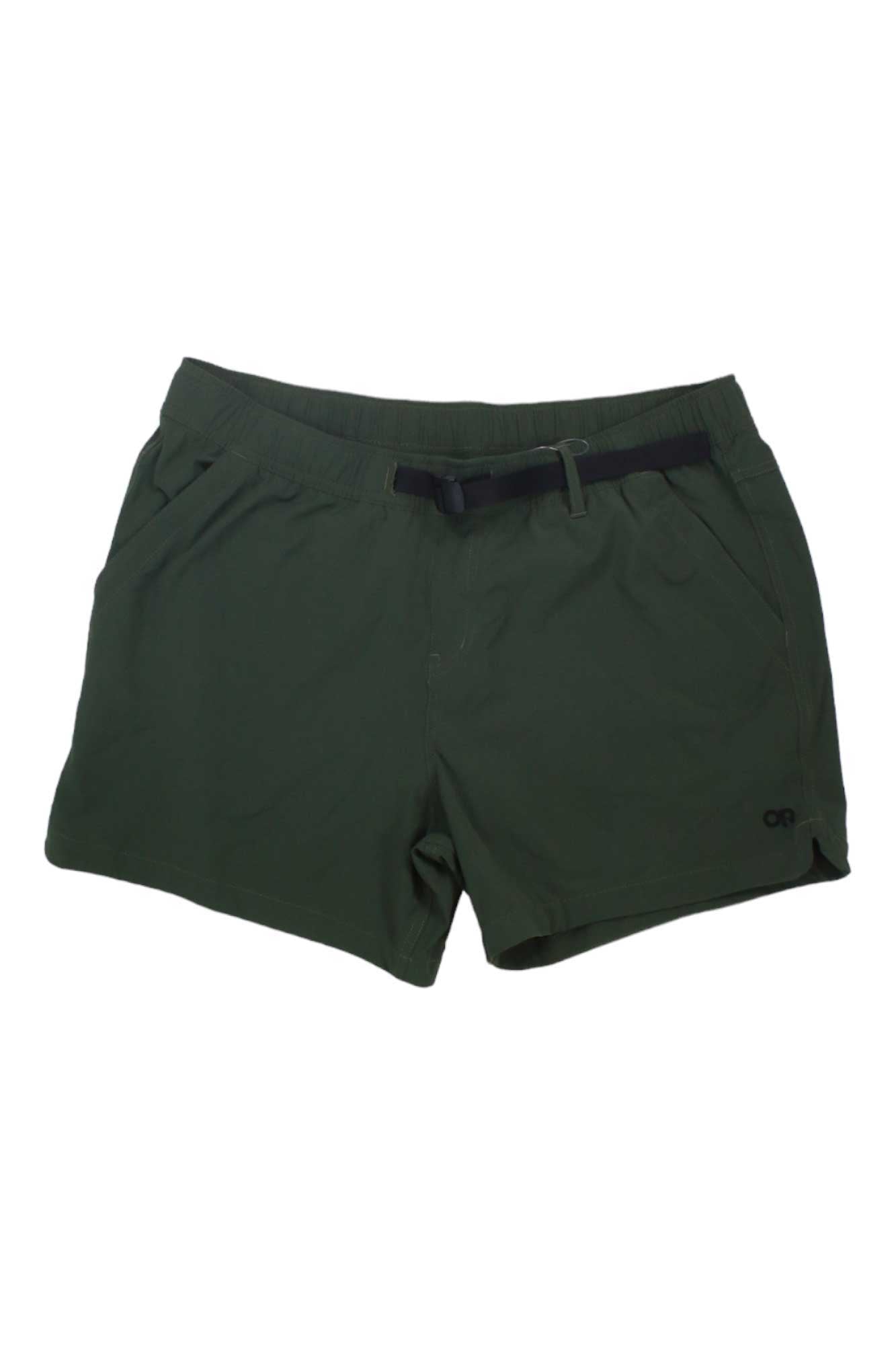 The Outdoor Research Womens Ferrosi 5 Inch Short comes in olive green with an elastic waistband, black adjustable belt, and two side pockets. These quick-drying, lightweight shorts are designed for comfort and functionality on active days.