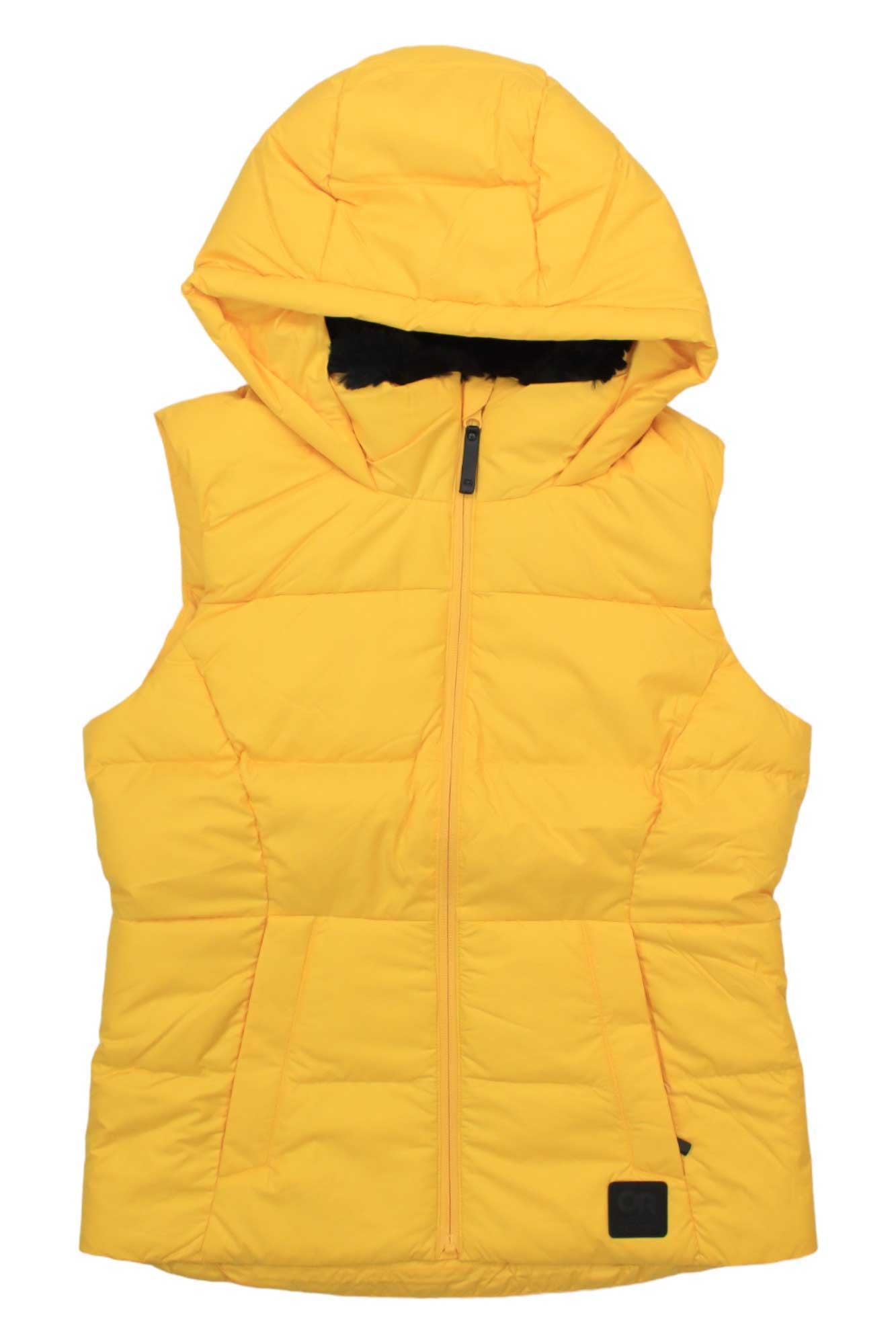 The Outdoor Research Womens Coldfront Hooded Down II Vest is a sleeveless yellow insulated vest with a hood, front zipper, horizontal stitching, small black logo patch near the hem, and water-resistant fabric, shown flat on a white background.