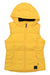 The Outdoor Research Womens Coldfront Hooded Down II Vest is a sleeveless yellow insulated vest with a hood, front zipper, horizontal stitching, small black logo patch near the hem, and water-resistant fabric, shown flat on a white background.
