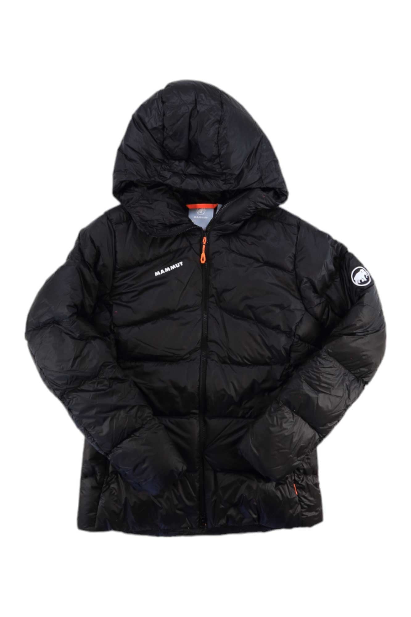 Mammut women’s hooded puffer jacket, dark black, full-zip with orange zipper pull