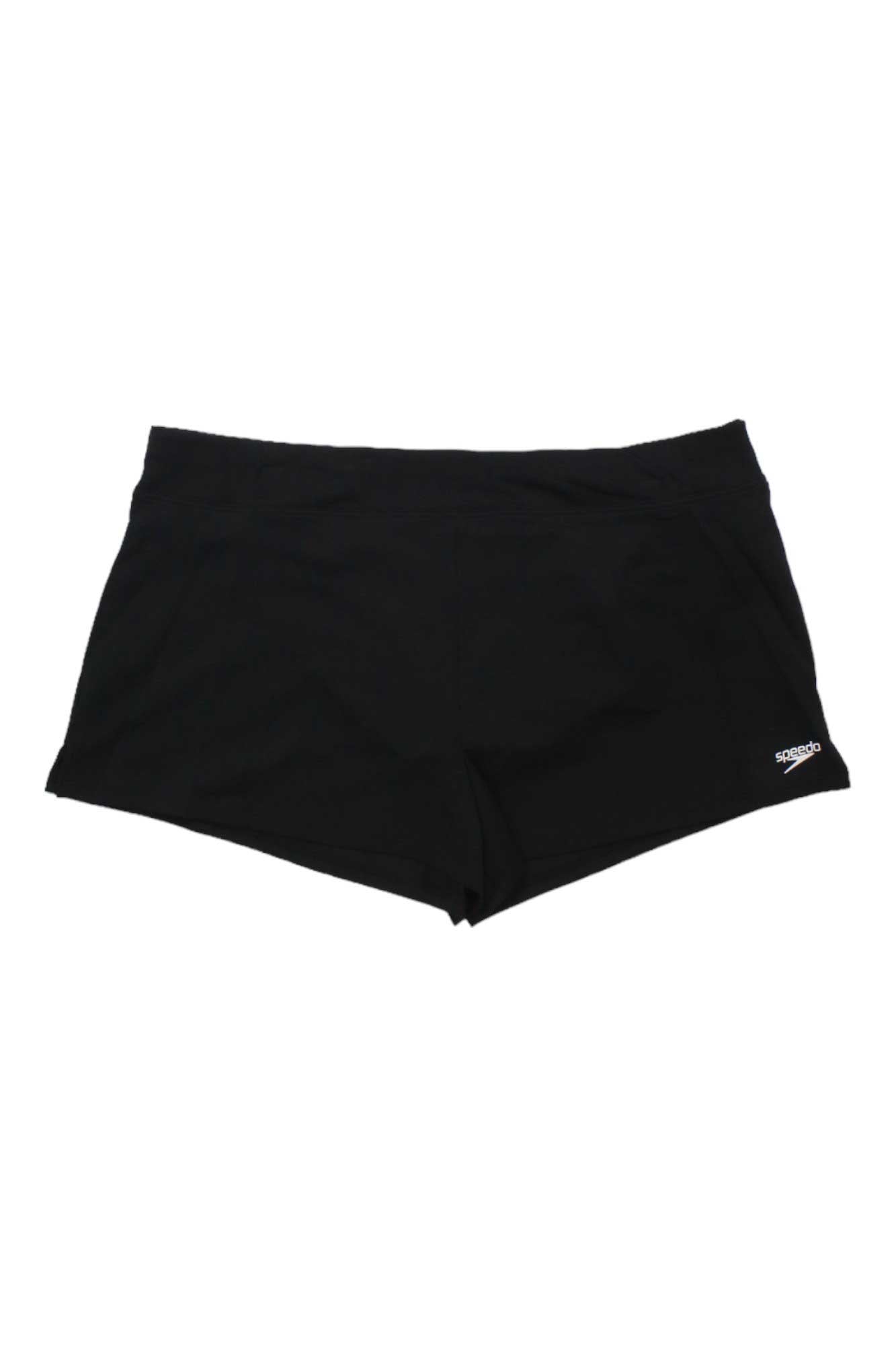 Speedo Women's Swim Short in black, featuring a small Speedo logo on the lower right leg. Displayed on a plain white background. Made from chlorine-resistant fabric for long-lasting durability in and out of the pool.