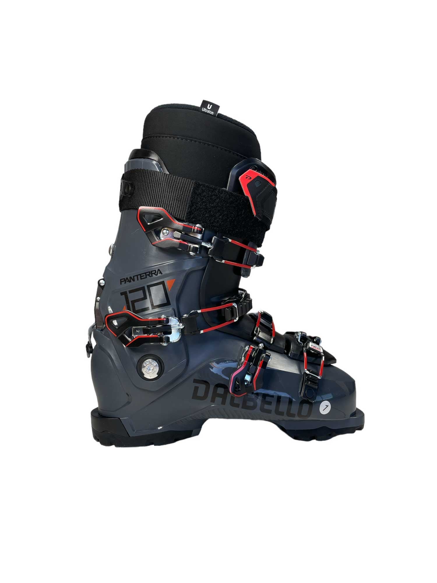 A single Dalbello Panterra 120 ID Ski Boot in dark gray, featuring black and red buckles, a black power strap, "Panterra 120" in silver and red on the side, and Dalbello’s signature Cabrio design.