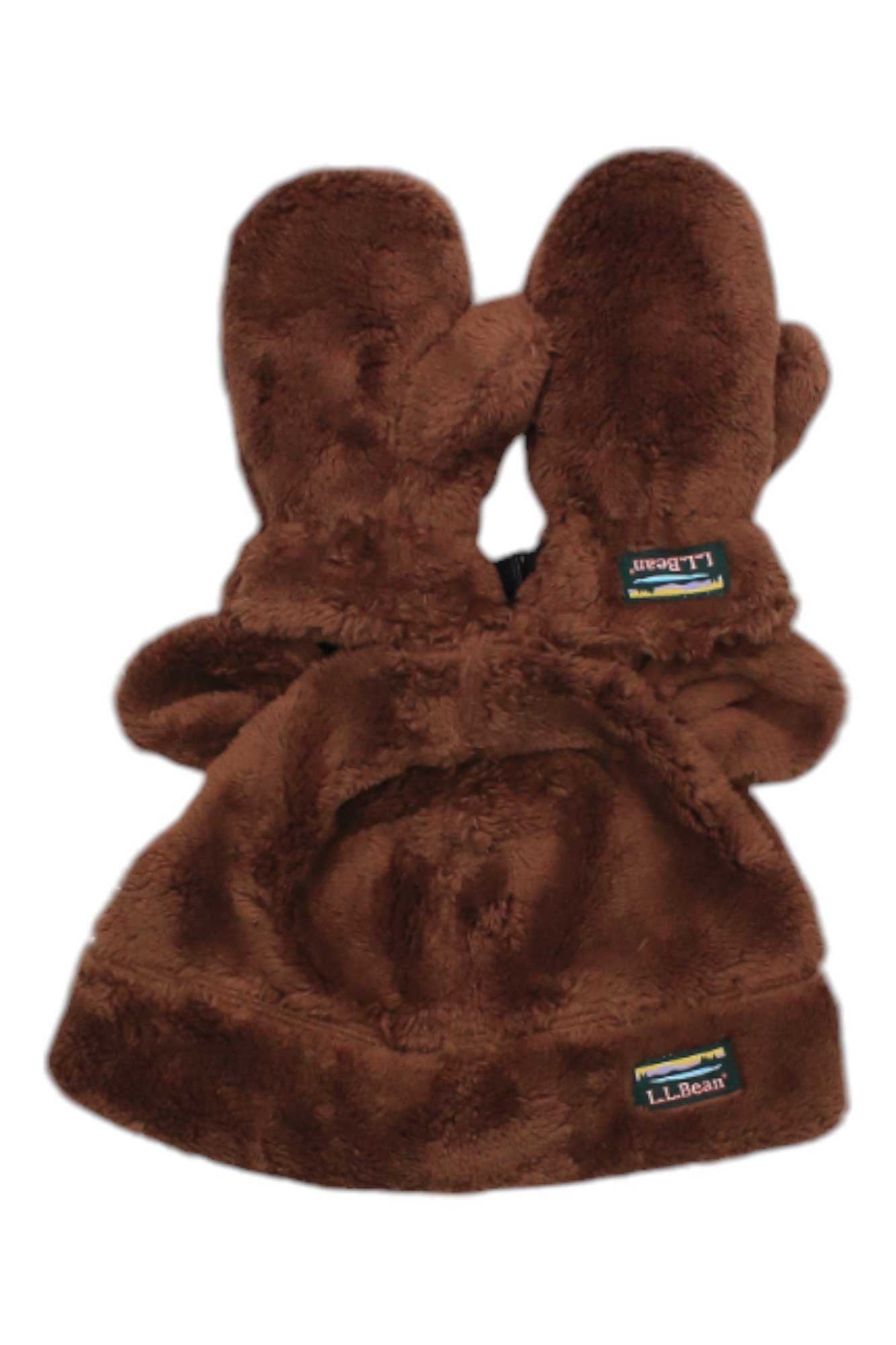 The L.L.Bean Toddlers' Hi-Pile Ear Hat/Mitten Set features soft polyester fleece with signature tags, shown on a white background.