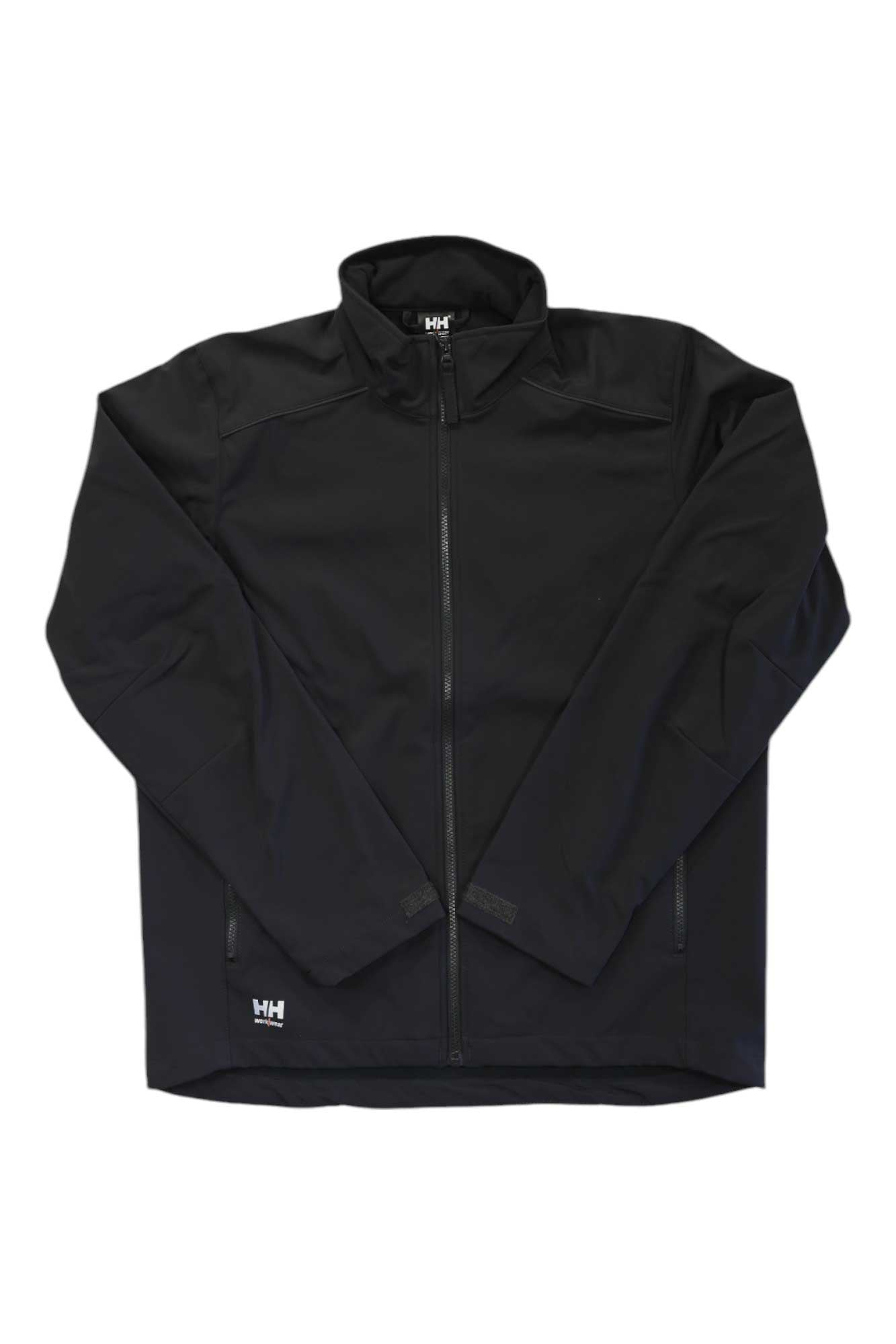 The Helly Hansen Mens Manchester 2.0 Softshell Jacket is a black, water-repellent jacket with long sleeves, a high collar, two side zip pockets, a logo on the bottom left hem, and a sleek design—ideal for hiking or daily wear.