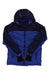 The Kamik Boys' Anakin Jacket is a blue and navy insulated winter coat with a hood, front zipper, two zippered side pockets, water-resistant fabric, and elastic cuffs. The jacket is shown laid flat on a white background.