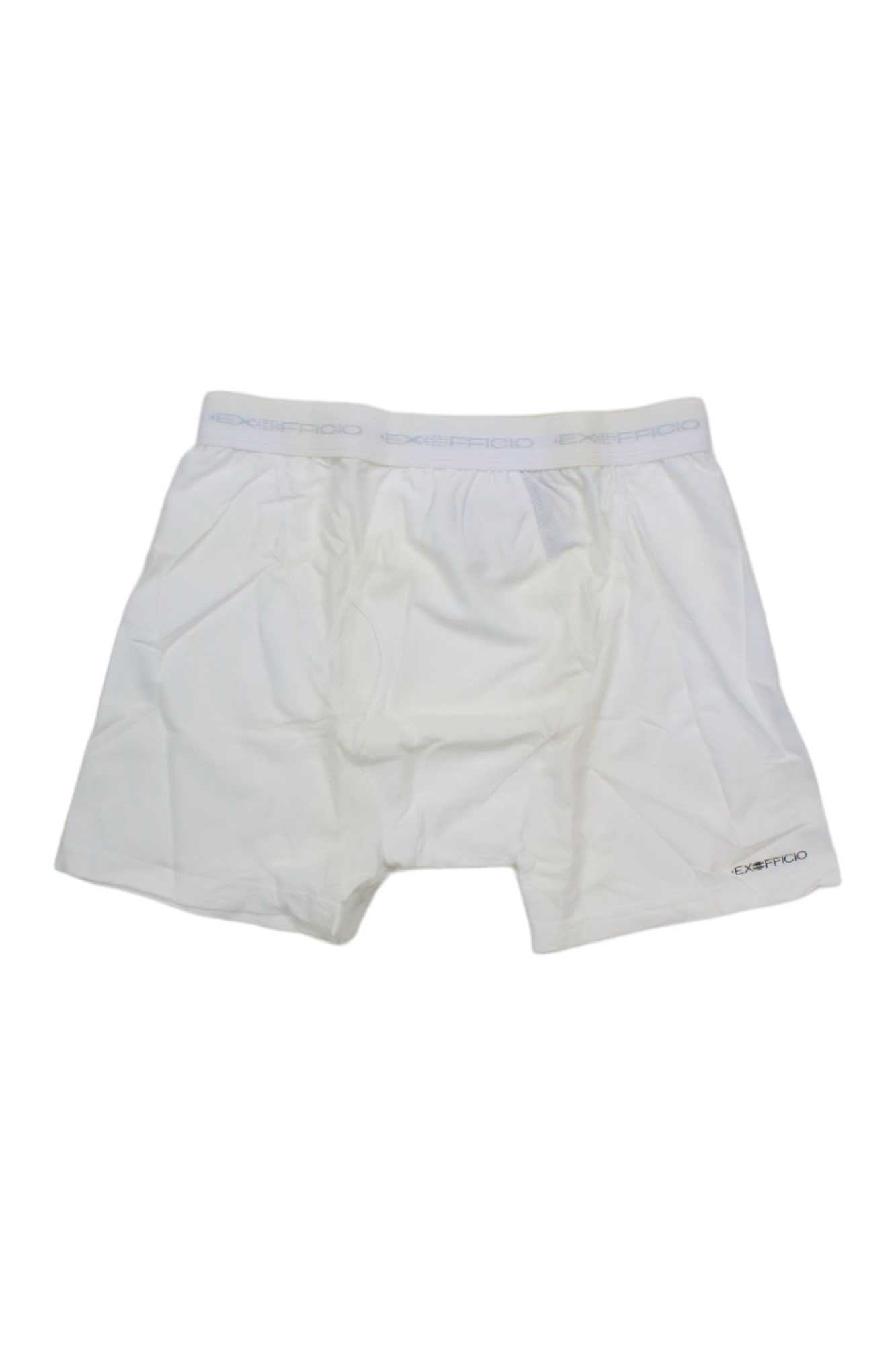 The ExOfficio Men's Give-N-Go Boxer Brief, in white with a gray elastic waistband and subtle logo on the band and left leg, features breathable, moisture-wicking fabric and is shown lying flat against a plain background.