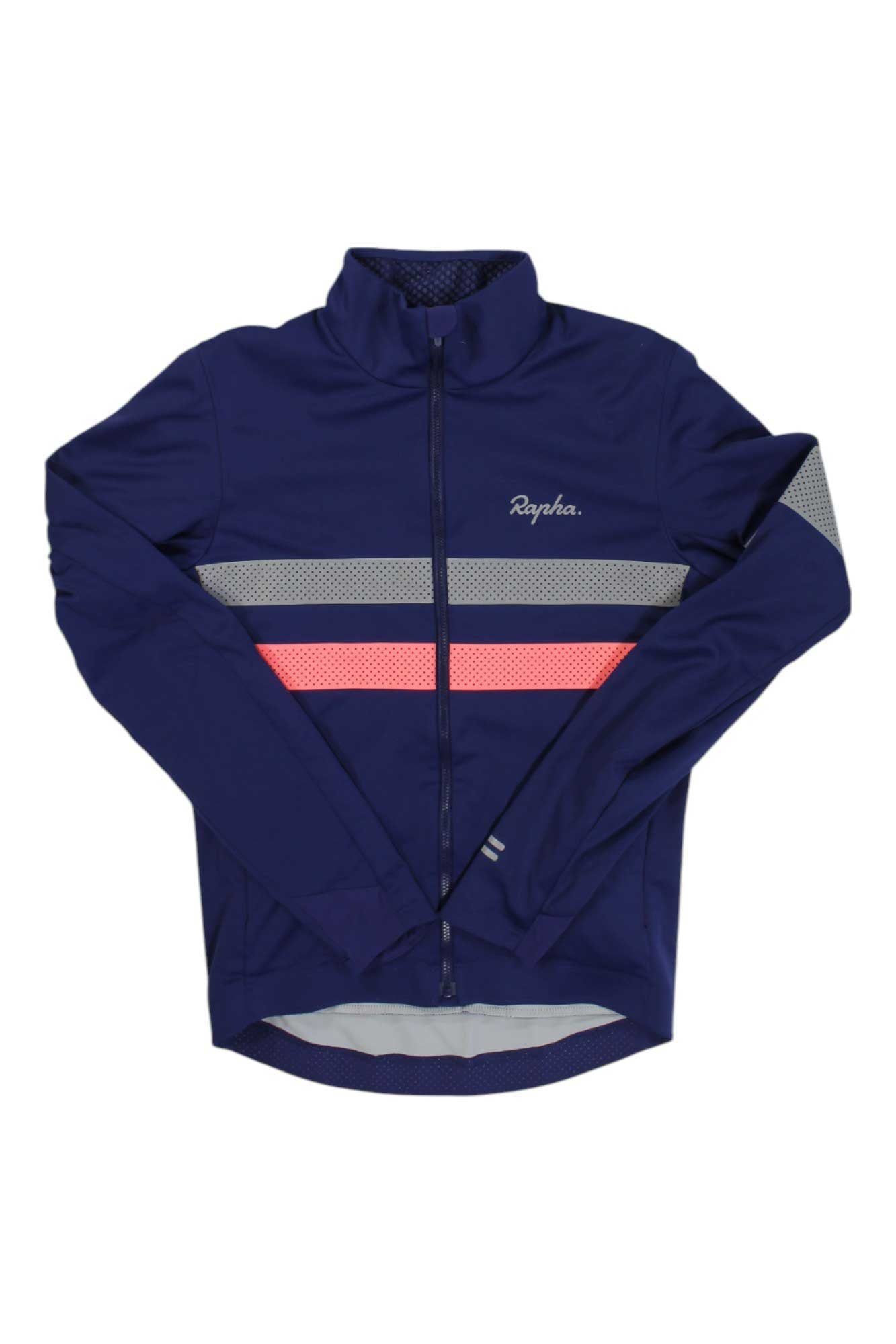 Rapha Brevet Infinium long-sleeve cycling jersey, navy with pink and white stripe, full zip