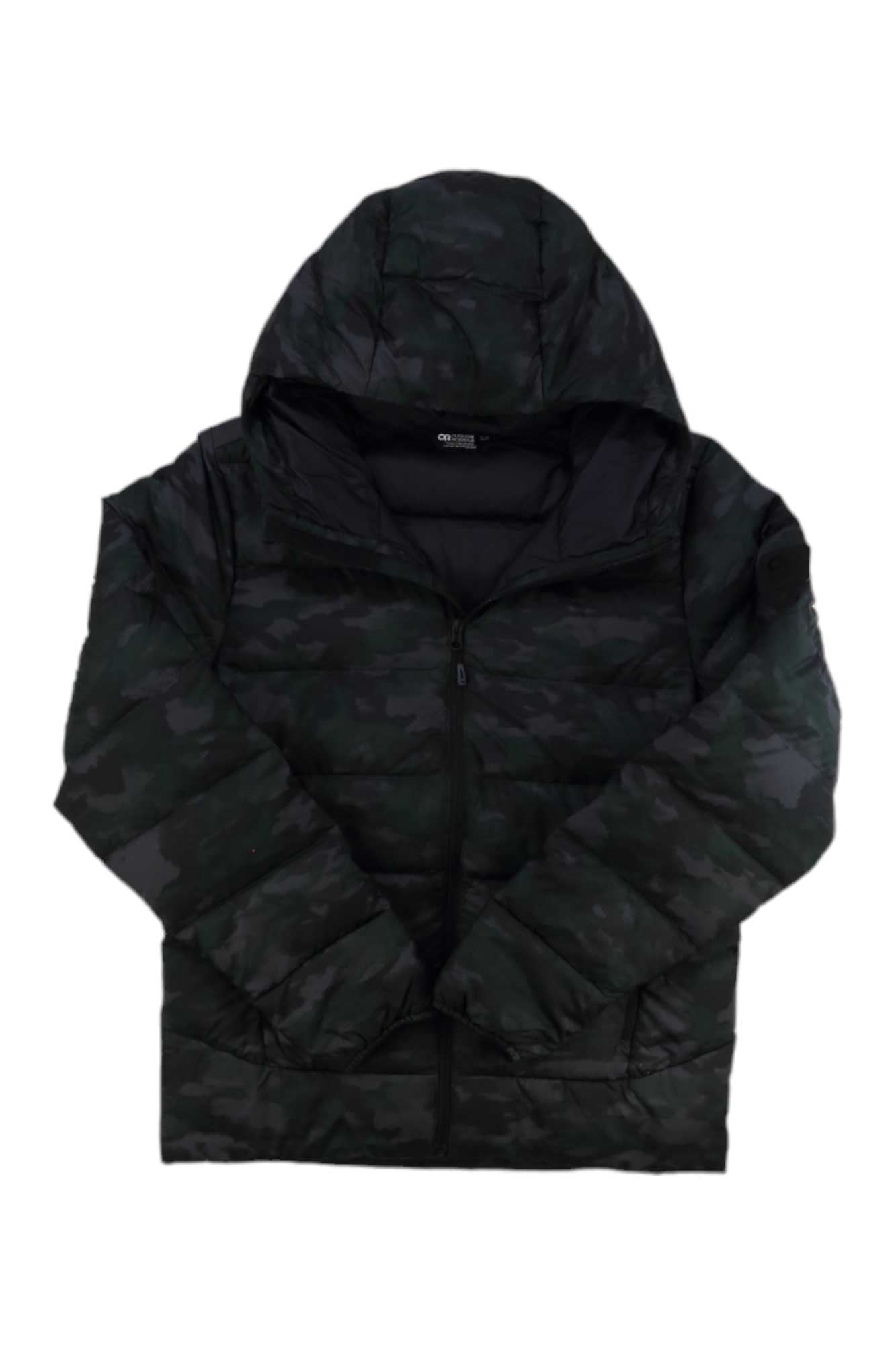 The Outdoor Research Men's Coldfront Down Hoodie is an eco-friendly, dark green and black camo, water-resistant down jacket with a hood, front zipper, and long sleeves, shown on a white background.