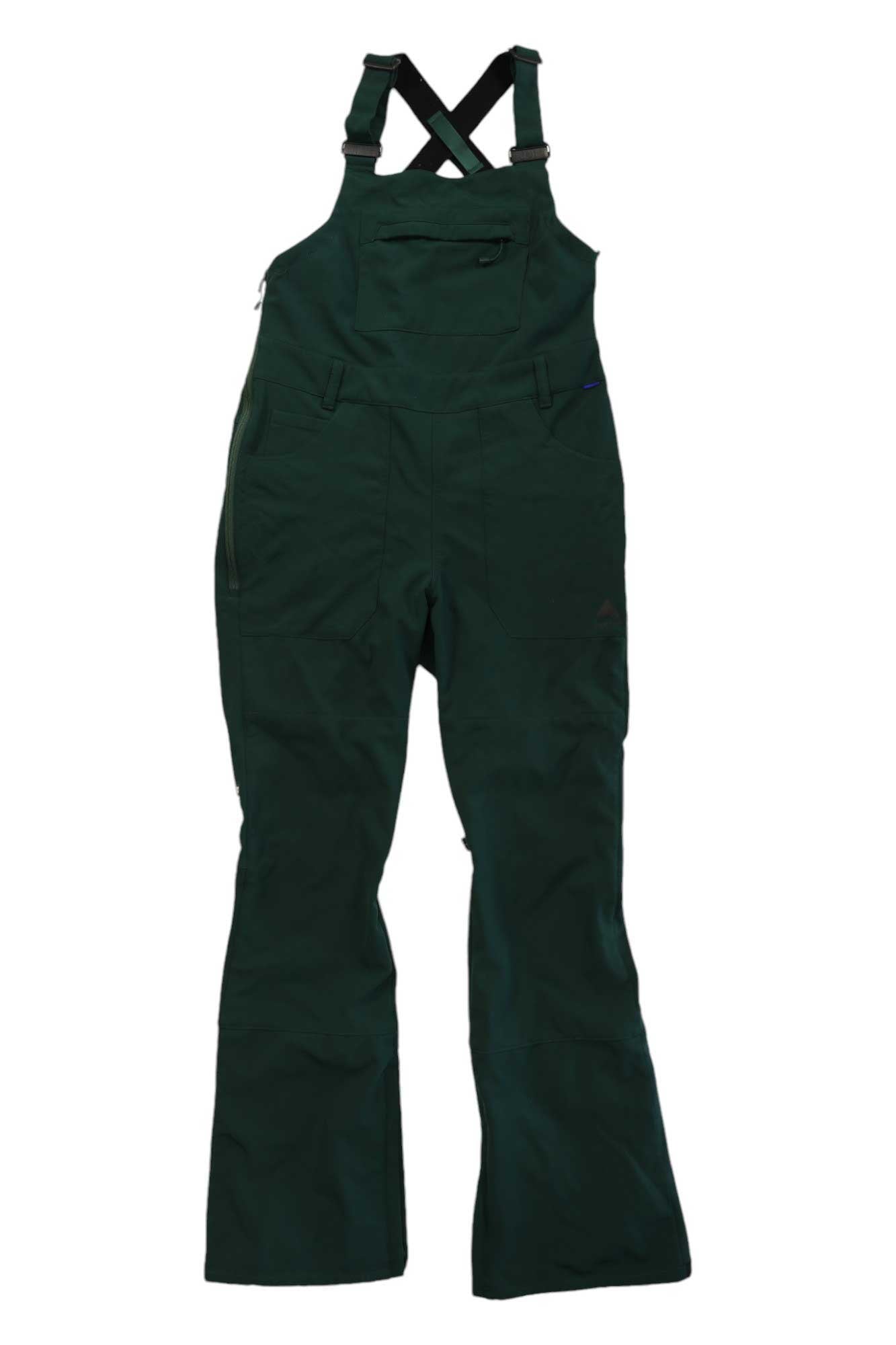 Avalon Bib Pants are dark green women's snow bibs with adjustable black straps, a front zipper, multiple pockets, and slightly flared legs—ideal winter outerwear for outdoor activities, blending style and comfort.