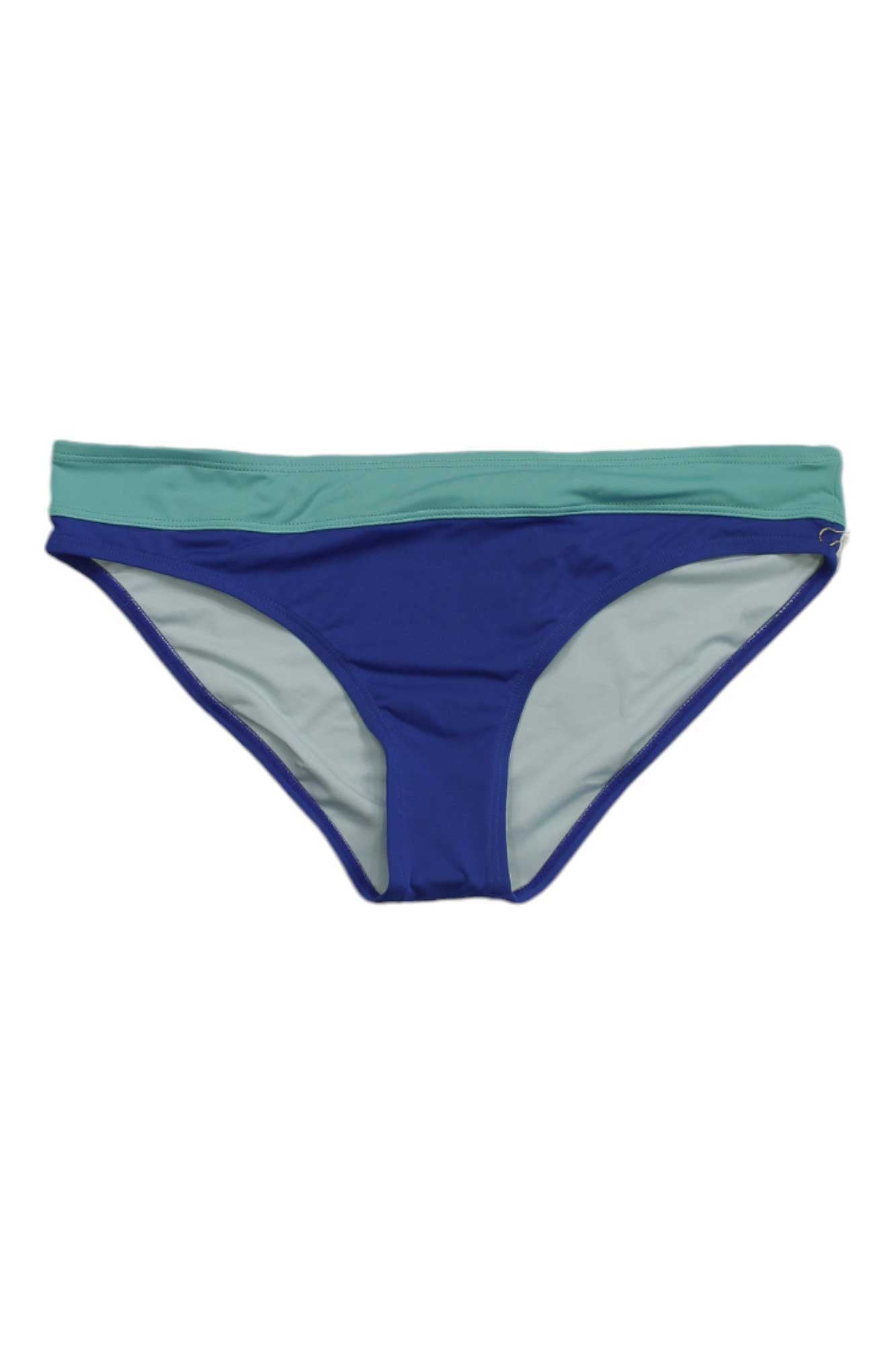 The Carve Designs Womens Stinson Bottom is a blue full coverage bikini bottom with a light green waistband, shown laid flat on a white background—a stylish choice for women's swimwear.