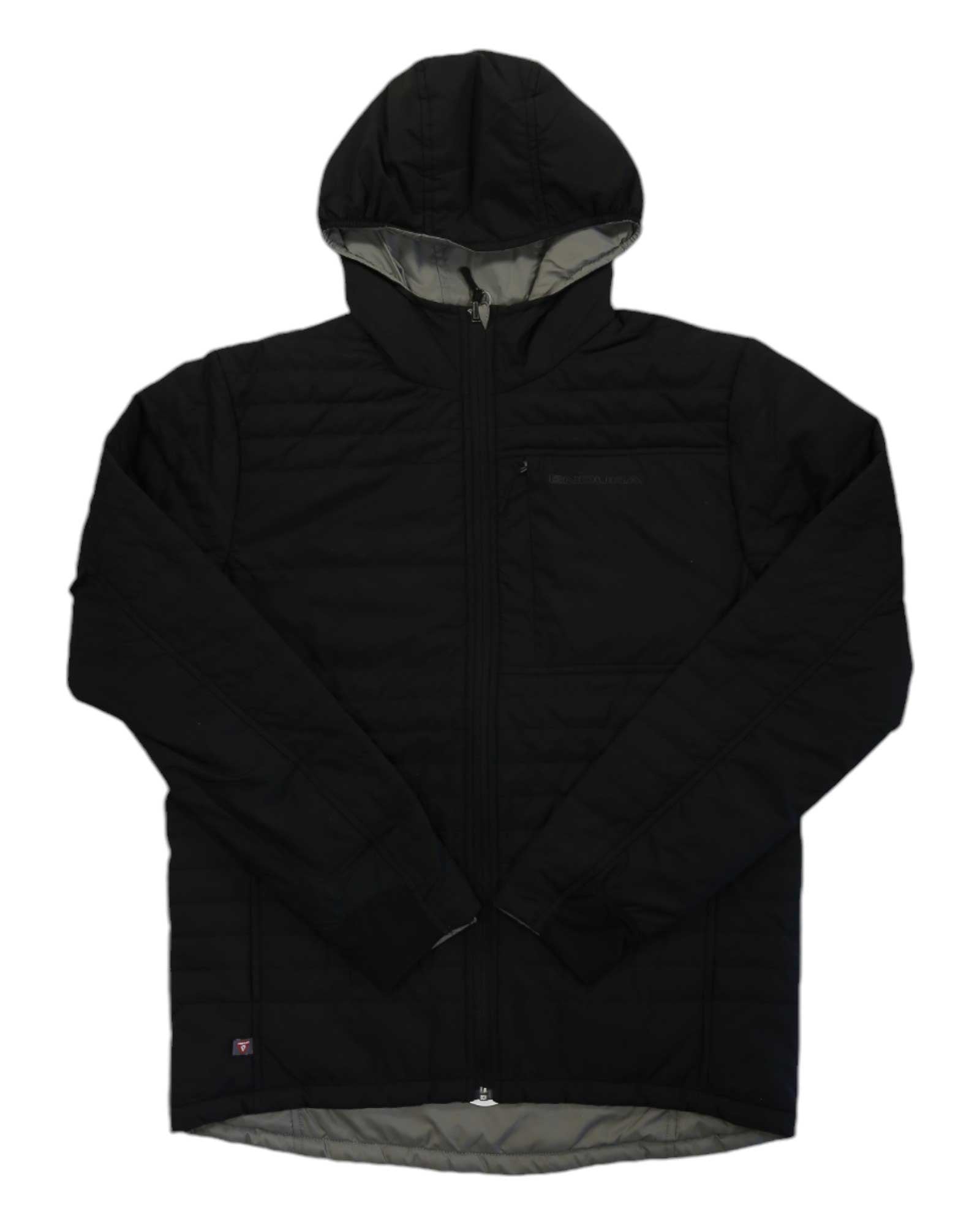 The Endura Mens Hummvee Flipjak Jacket, shown laid flat on a white background, is black with long sleeves, a hood, PrimaLoft insulation, front zipper, visible chest pocket, and a light gray interior lining.