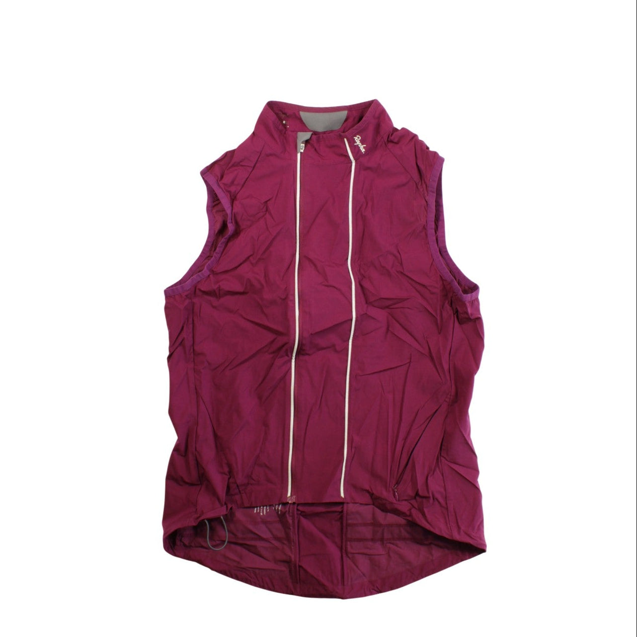 The Rapha Classic Gilet, a sleeveless magenta cycling vest with a high collar, front zipper, and reflective details, is pictured against a white background. Its lightweight, durable fabric is ideal for outdoor adventures and shows slight wrinkles.