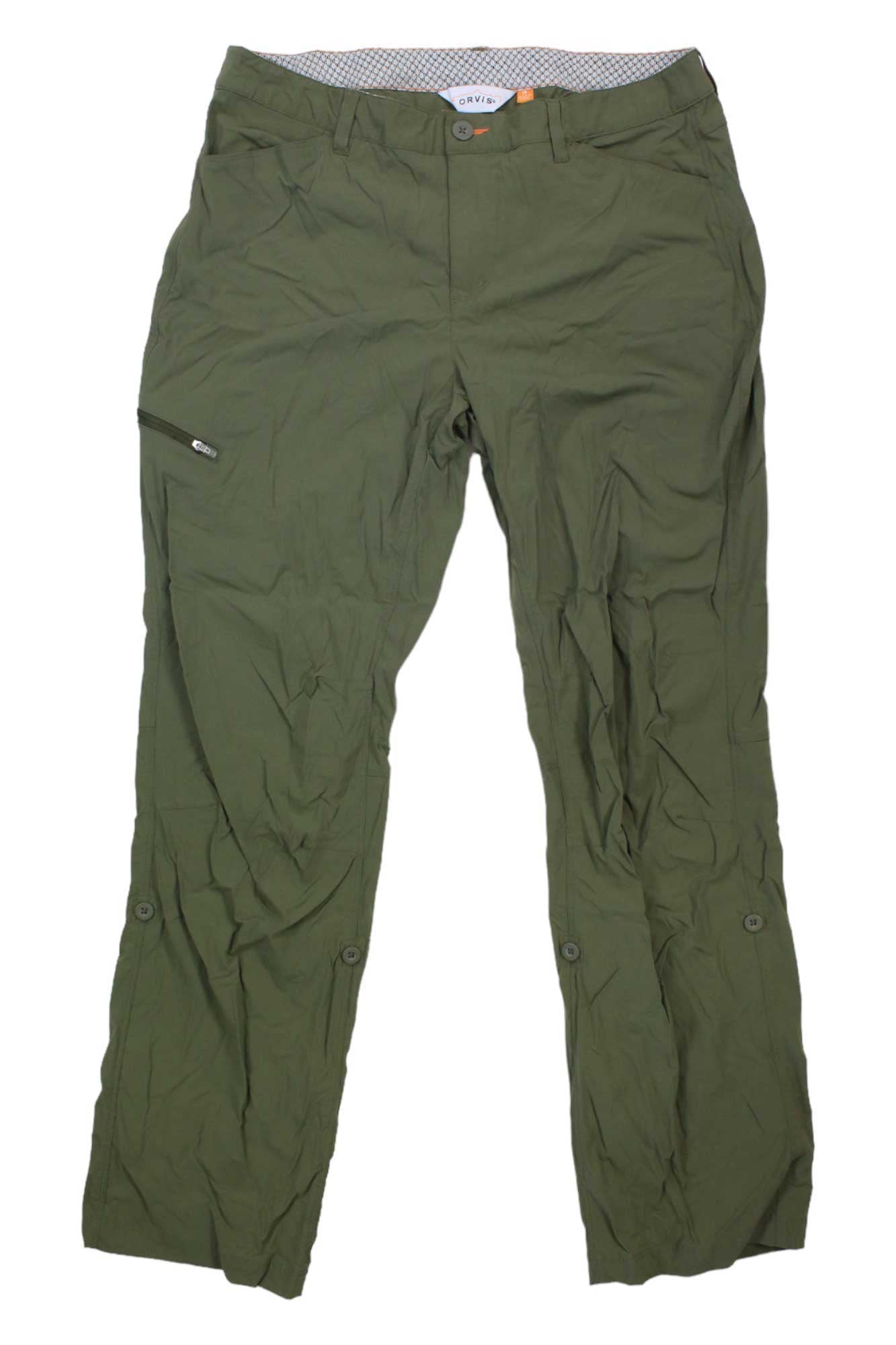 Women's quick-dry stretch cropped pants, army green with side cargo pockets and button front