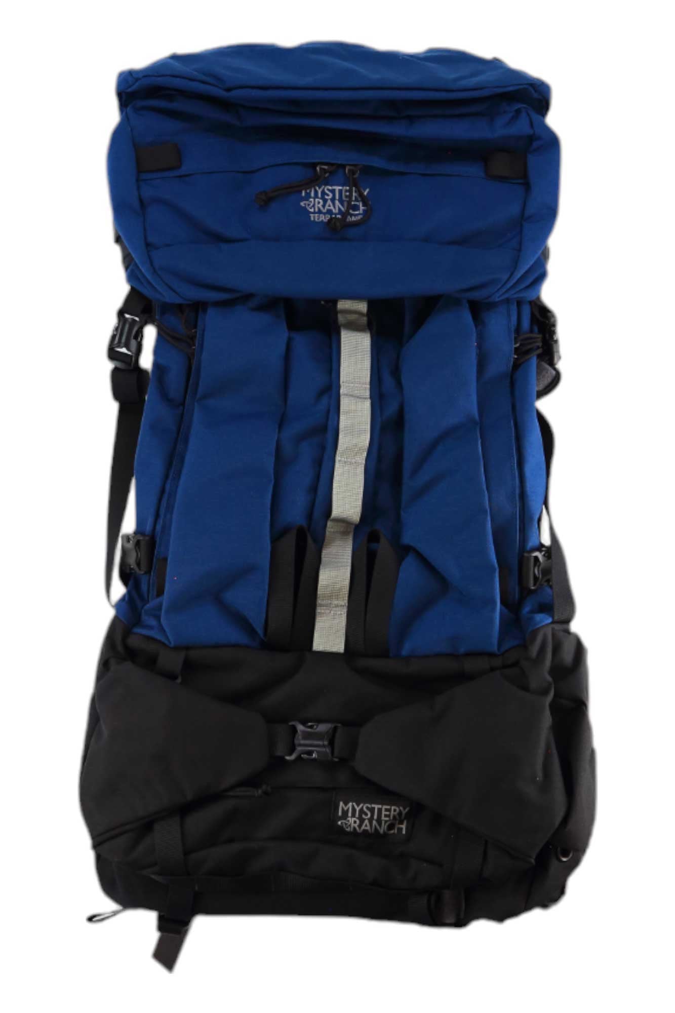 Mystery Ranch Terraplane 83L backpack in blue and black, top lid, front zip panel, compression straps.