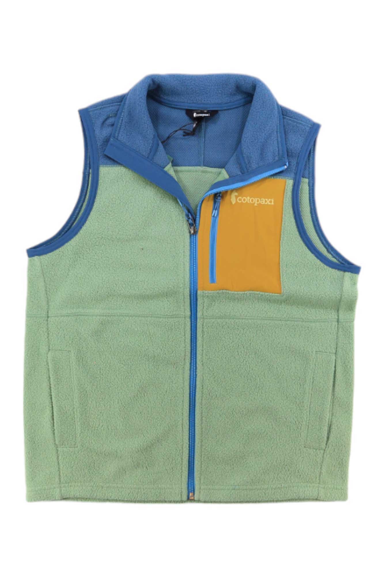 The Cotopaxi Womens Abrazo Fleece Vest is made with recycled materials and features light green fleece, blue trim and zipper, a yellow chest pocket, two side pockets, a standing collar, and printed Cotopaxi branding on the chest.