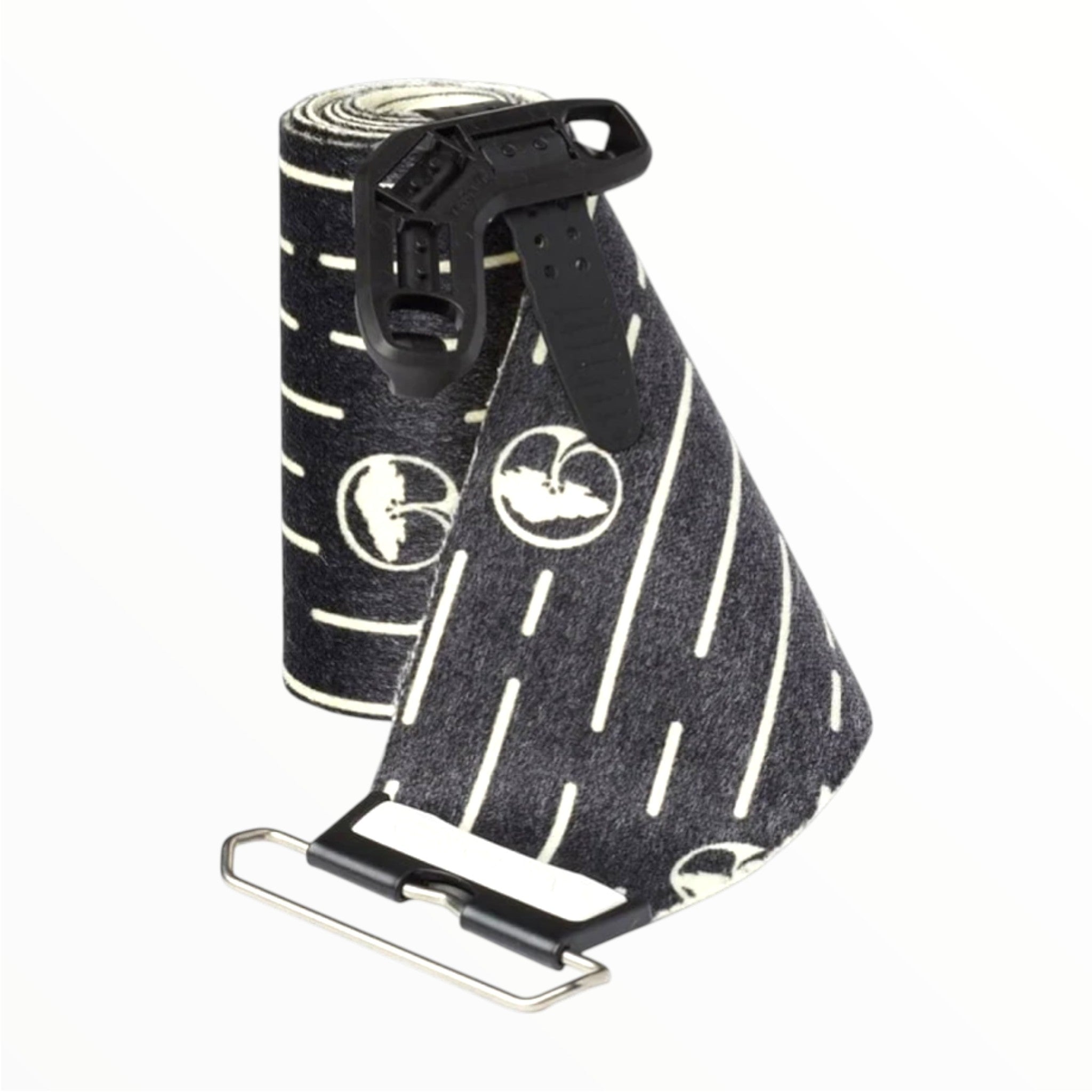 The Arbor Angusta Swoon Splitboard Skin features a rolled-up black and white pattern, a black plastic clip at the top, and a metal tip at the bottom, designed for optimal backcountry traction.
