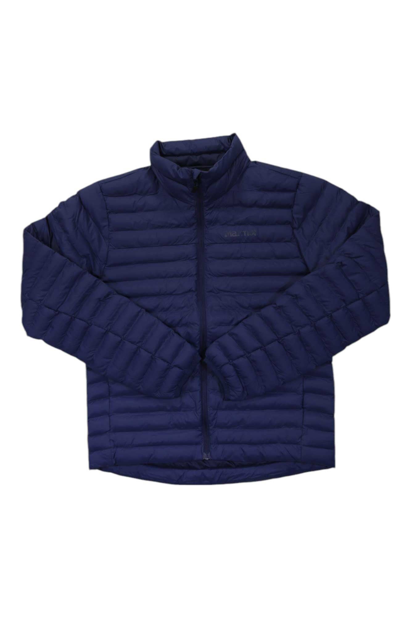 A navy blue Mens Echo Featherless Jacket with quilted synthetic insulation, front zipper, and stand-up collar is laid flat on a white background.