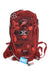 The Osprey Salida 8 Hydration Pack features a red floral design, multiple compartments, adjustable straps, and a hydration tube with a blue tag—ideal for mountain biking.