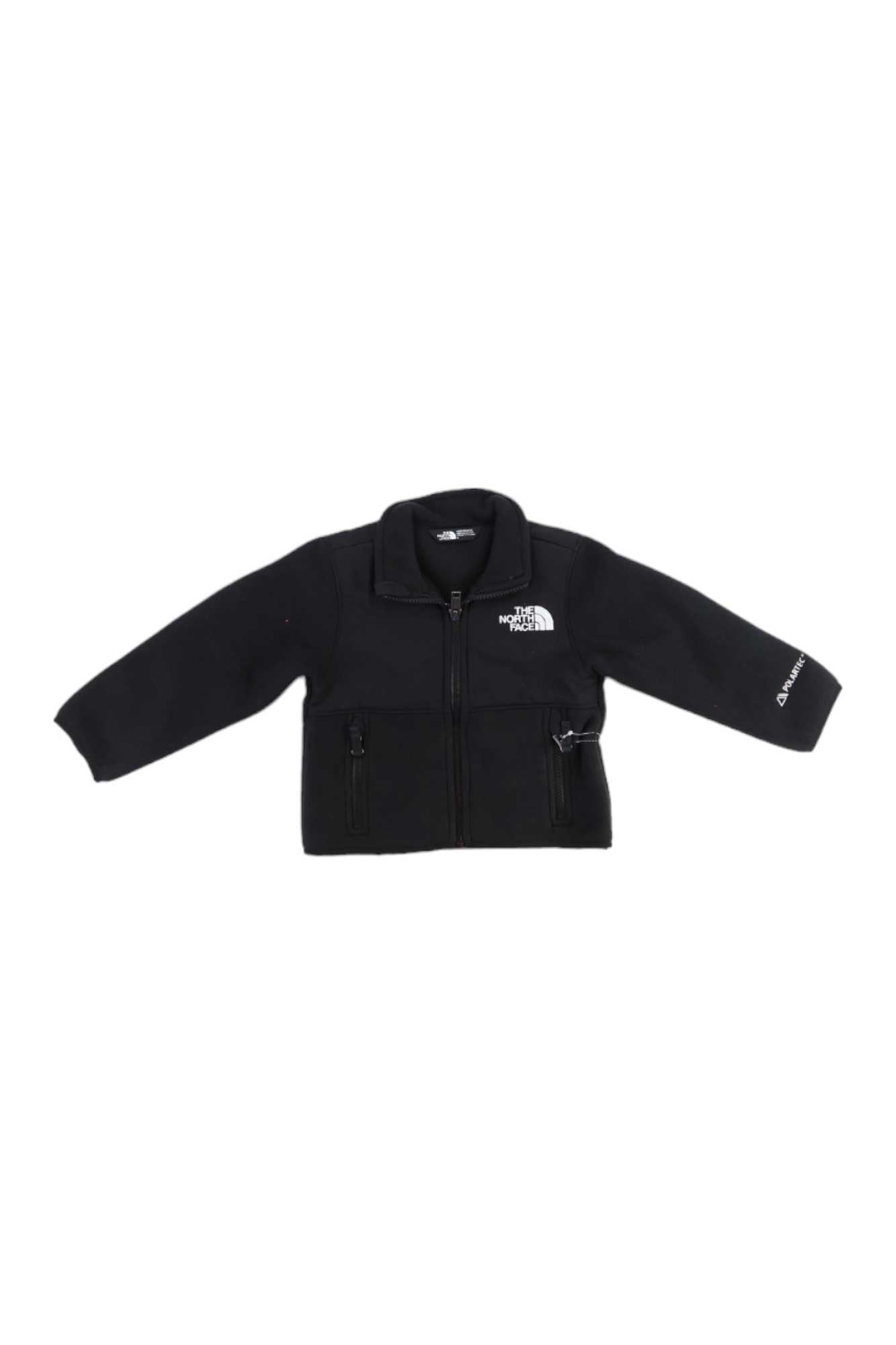 The North Face Toddlers Denali Jacket is a black fleece made from recycled polyester, with lightweight warmth, long sleeves, a front zipper, zippered pockets, and The North Face logo on the left chest and right sleeve.