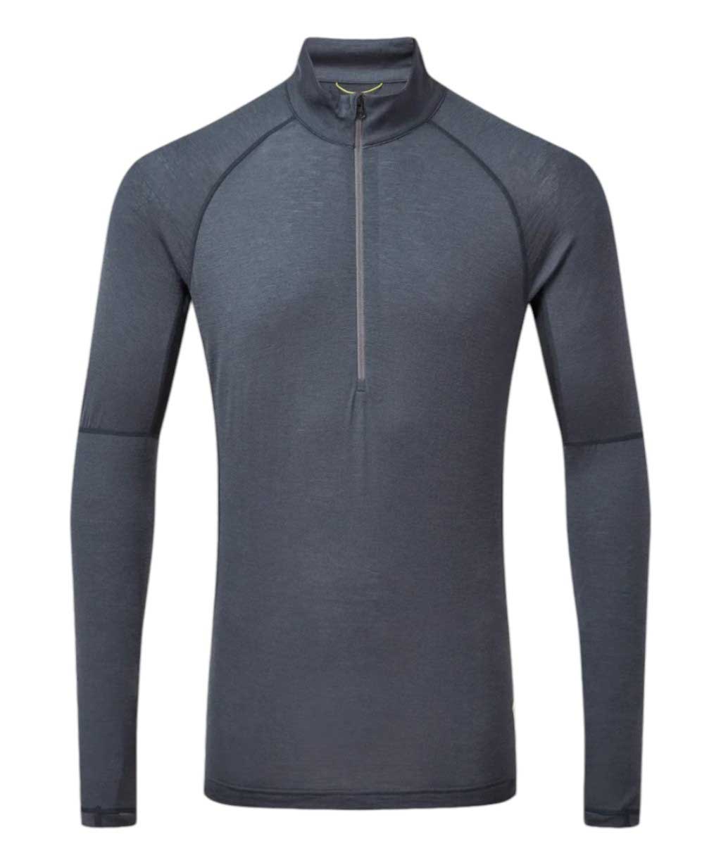 The Artilect Mens Boulder 125 1/4 Zip Top is an ultralight, dark gray long sleeve multisport shirt with a high collar and half-zip front, shown on a plain white background.