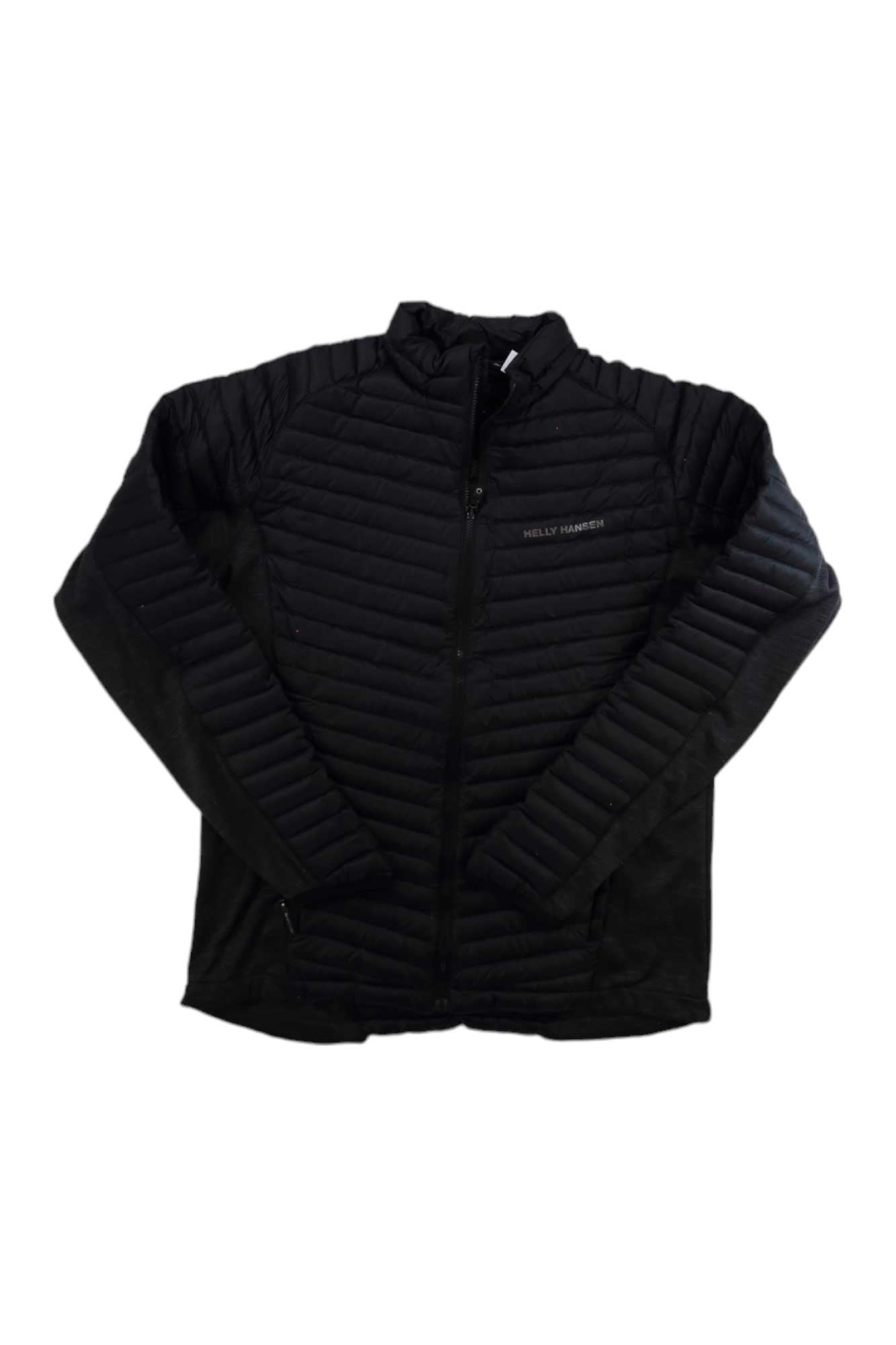 Mens black hybrid insulated down jacket with full-zip front and stand collar
