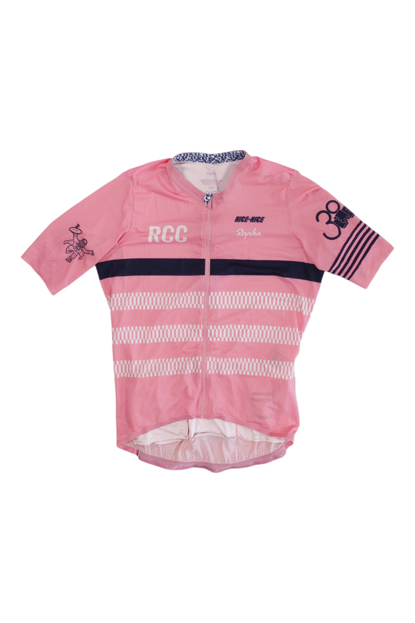 The Rapha Mens Etape RCC Pro Team Flyweight Jersey is a pink men's cycling jersey with white geometric stripes, dark bands, and RCC and Rapha logos on the front and sleeves, finished with a handy front zipper.