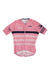 The Rapha Mens Etape RCC Pro Team Flyweight Jersey is a pink men's cycling jersey with white geometric stripes, dark bands, and RCC and Rapha logos on the front and sleeves, finished with a handy front zipper.