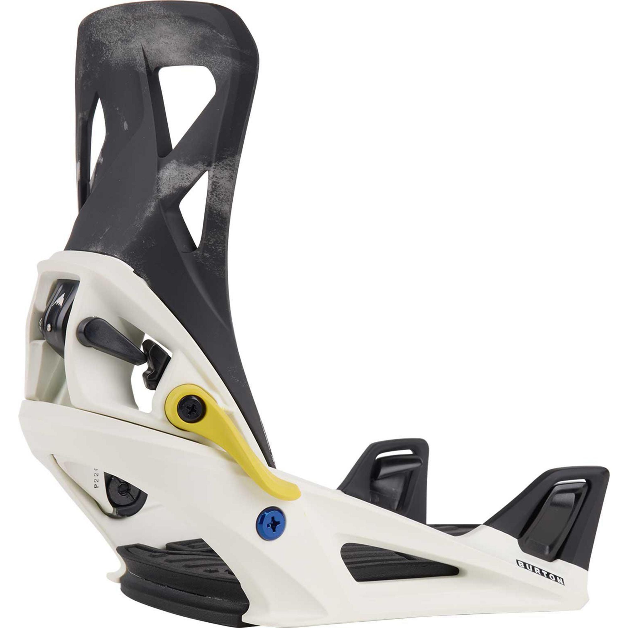A close-up side view of Burton Mens Step On ReFlex Snowboard Bindings, featuring a black and white color scheme with yellow and blue adjustment screws, an open highback design, sturdy ReFlex baseplate, and easy step-on entry.