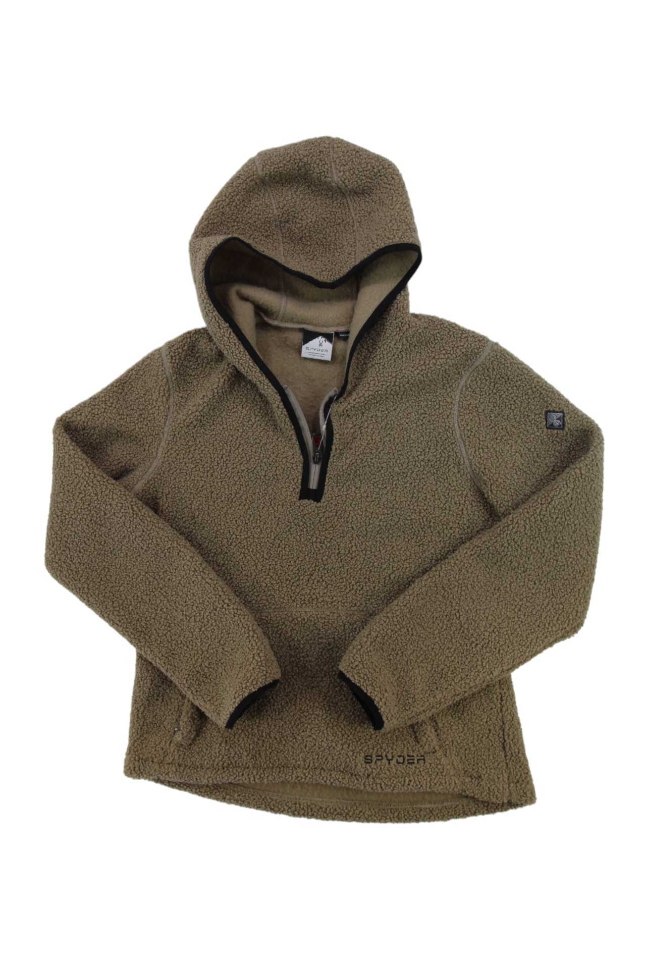 The Spyder Womens Cloud Hoodie in khaki is a soft polyester sherpa pullover featuring a half-zip front, long sleeves, and a small patch—ideal for skiing—shown flat on a white background.