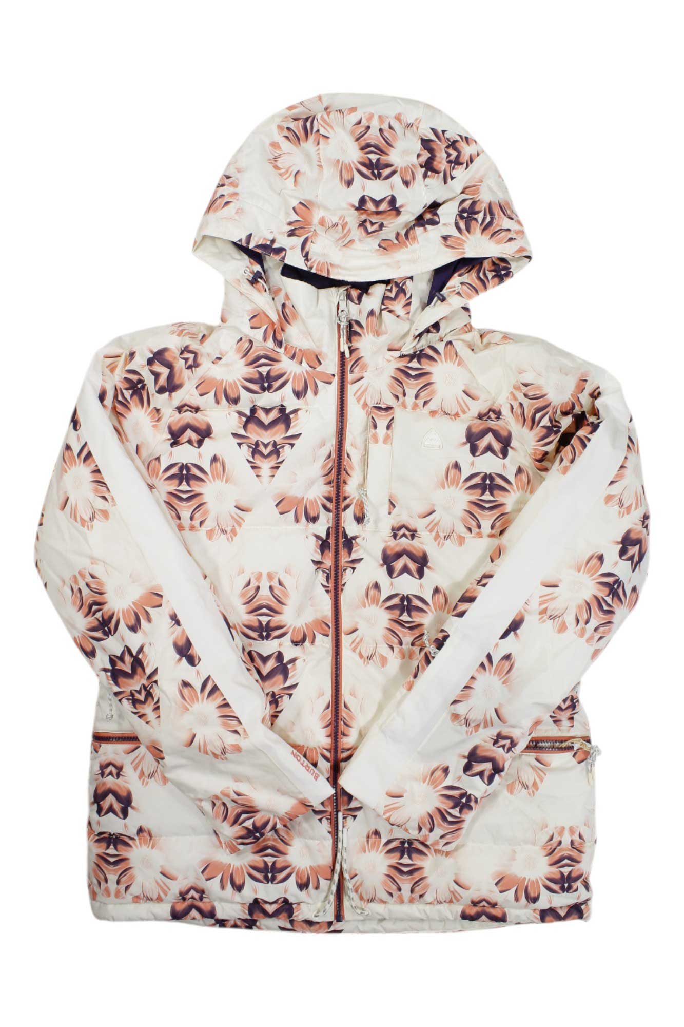 White hooded insulated puffer jacket with a zipper, showcasing a pink and brown floral pattern throughout. Inspired by the Burton Womens Keelan Jacket, this waterproof and breathable design from Burton is laid flat with its sleeves crossed over the body.