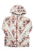 White hooded insulated puffer jacket with a zipper, showcasing a pink and brown floral pattern throughout. Inspired by the Burton Womens Keelan Jacket, this waterproof and breathable design from Burton is laid flat with its sleeves crossed over the body.