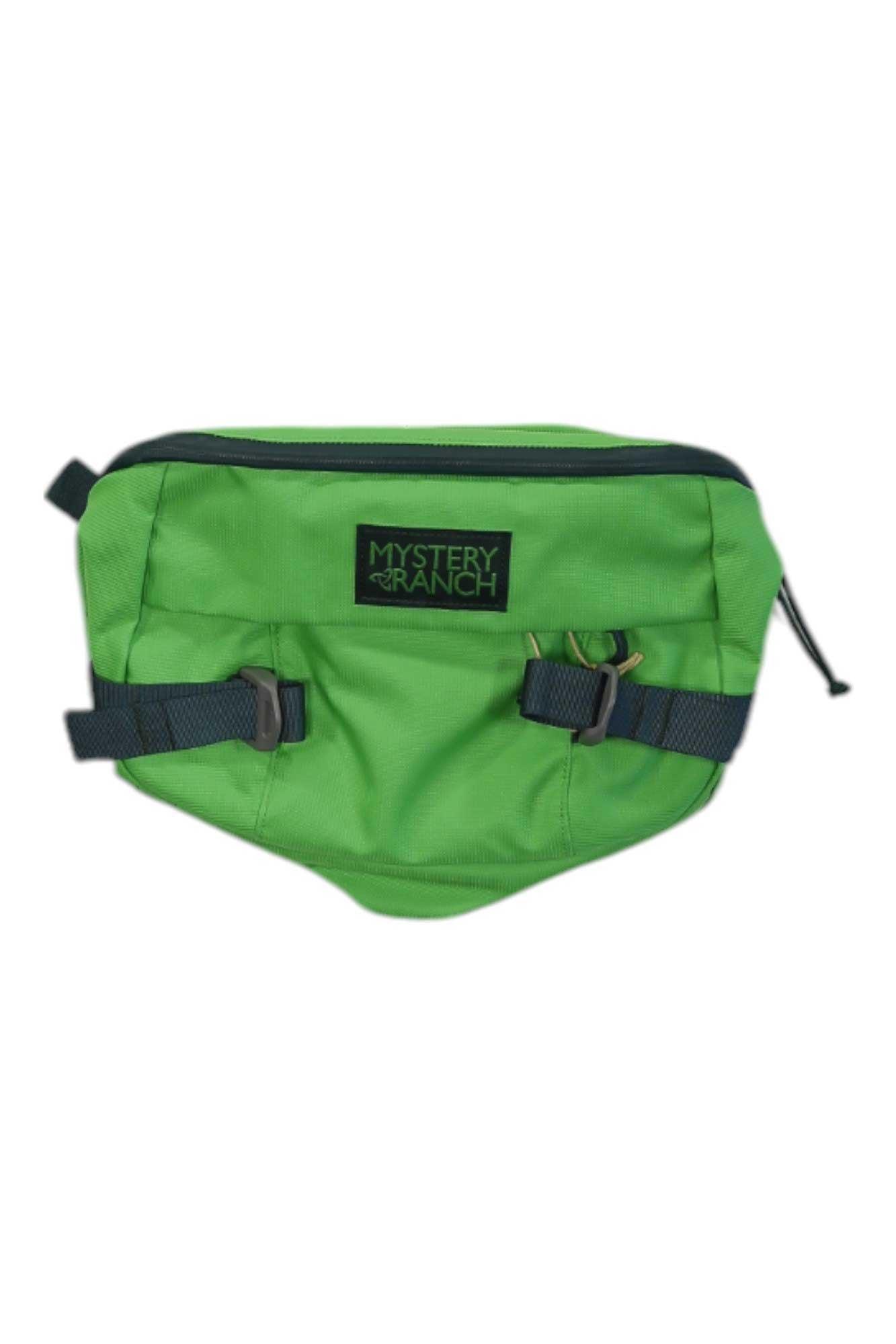 Mystery Ranch hip fanny pack, green with logo patch and side pull tabs