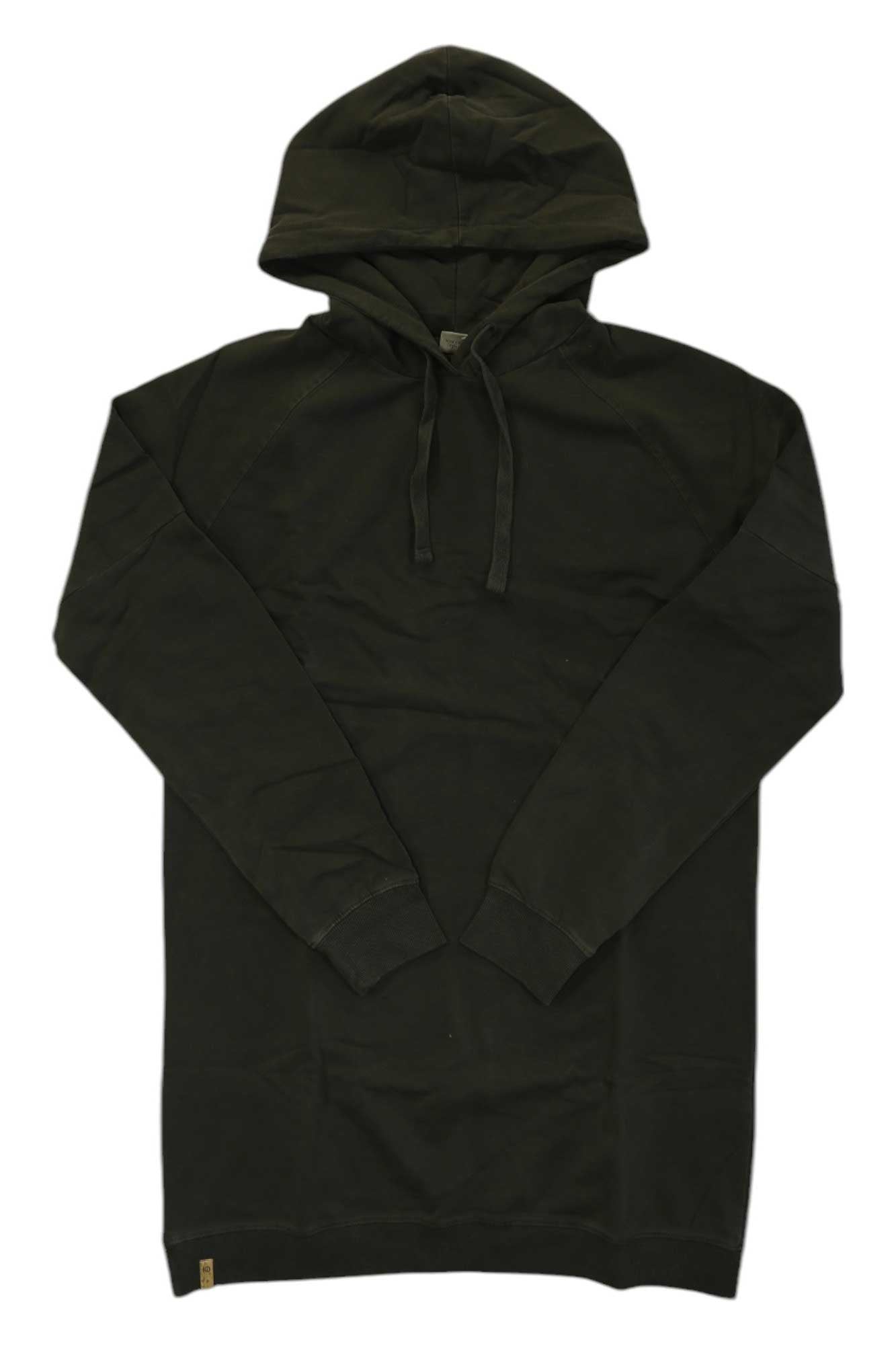 The Tentree Womens Oversized French Terry Hoodie in black features long sleeves, a front pocket, and drawstrings, shown laid flat on a white background.