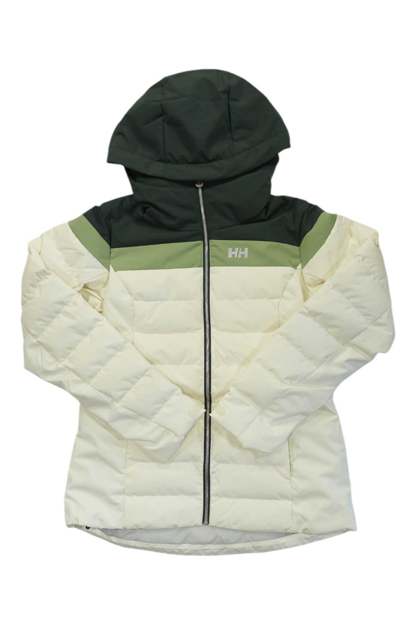 The Helly Hansen Women's Imperial Puffy Jacket is a white and dark green ski jacket with a hood, front zipper, light green chest stripe, and HH logo. Waterproof and insulated with synthetic down, it offers warmth and comfort on the slopes.