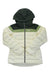 The Helly Hansen Women's Imperial Puffy Jacket is a white and dark green ski jacket with a hood, front zipper, light green chest stripe, and HH logo. Waterproof and insulated with synthetic down, it offers warmth and comfort on the slopes.