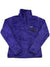 The Women's Re-Tool Snap-T Pullover is a purple, long-sleeve Polartec Thermal Pro fleece with a high collar, small chest pocket with Patagonia logo patch, soft textured look, recycled polyester, and Fair Trade Certified.