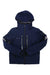 The Obermeyer Mens Fall Line Jacket is a navy blue ski jacket with black zippers, long sleeves, and a high collar. It’s waterproof, insulated with PrimaLoft, and features two vertical chest pockets plus logos on the left chest and arm.