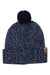 The Fjallraven Ovik Pom Hat features a navy and white marled knit, folded brim, tan logo tag, and dark blue pom-pom—ideal as an outdoor beanie for hiking or winter outings.