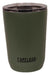 The Camelbak SST Vacuum Insulated 12oz Tumbler is green stainless steel with a clear, spill-resistant lid and black CamelBak logo on the front, shown against a white background.