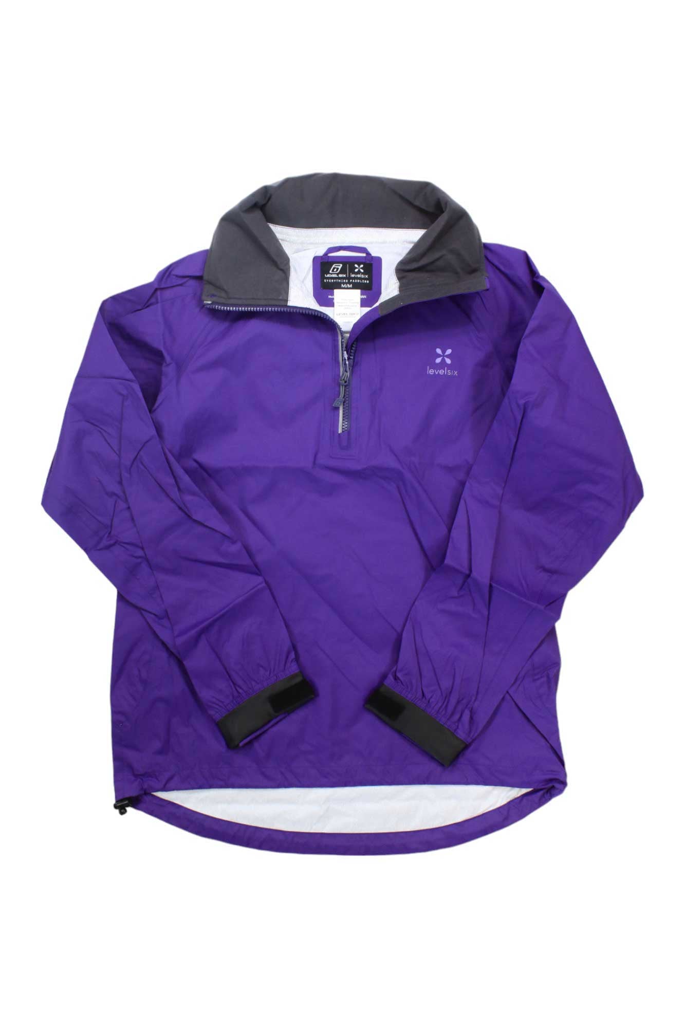 The Level Six Womens Orillia Jacket is a purple long-sleeve paddling pullover with a half-zip front, dark gray collar, black cuffs, rounded hem, and logo on the left chest—perfect for recreational paddlers.